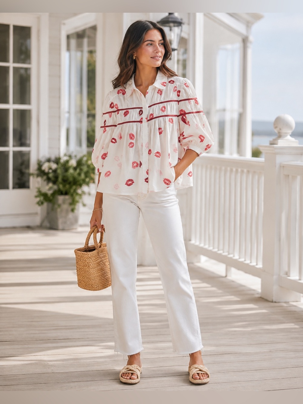 MAEVE Lip Print Babydoll Button Front Blouse Size M